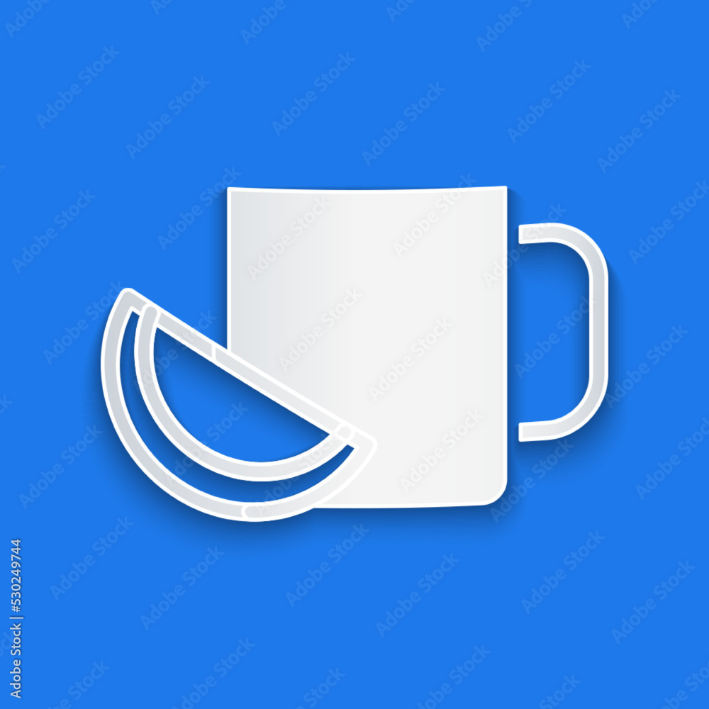 Paper cut Cup of tea with lemon icon isolated on blue background. Paper art style. Vector