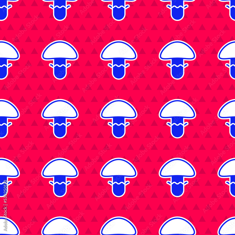 Blue Mushroom icon isolated seamless pattern on red background. Vector