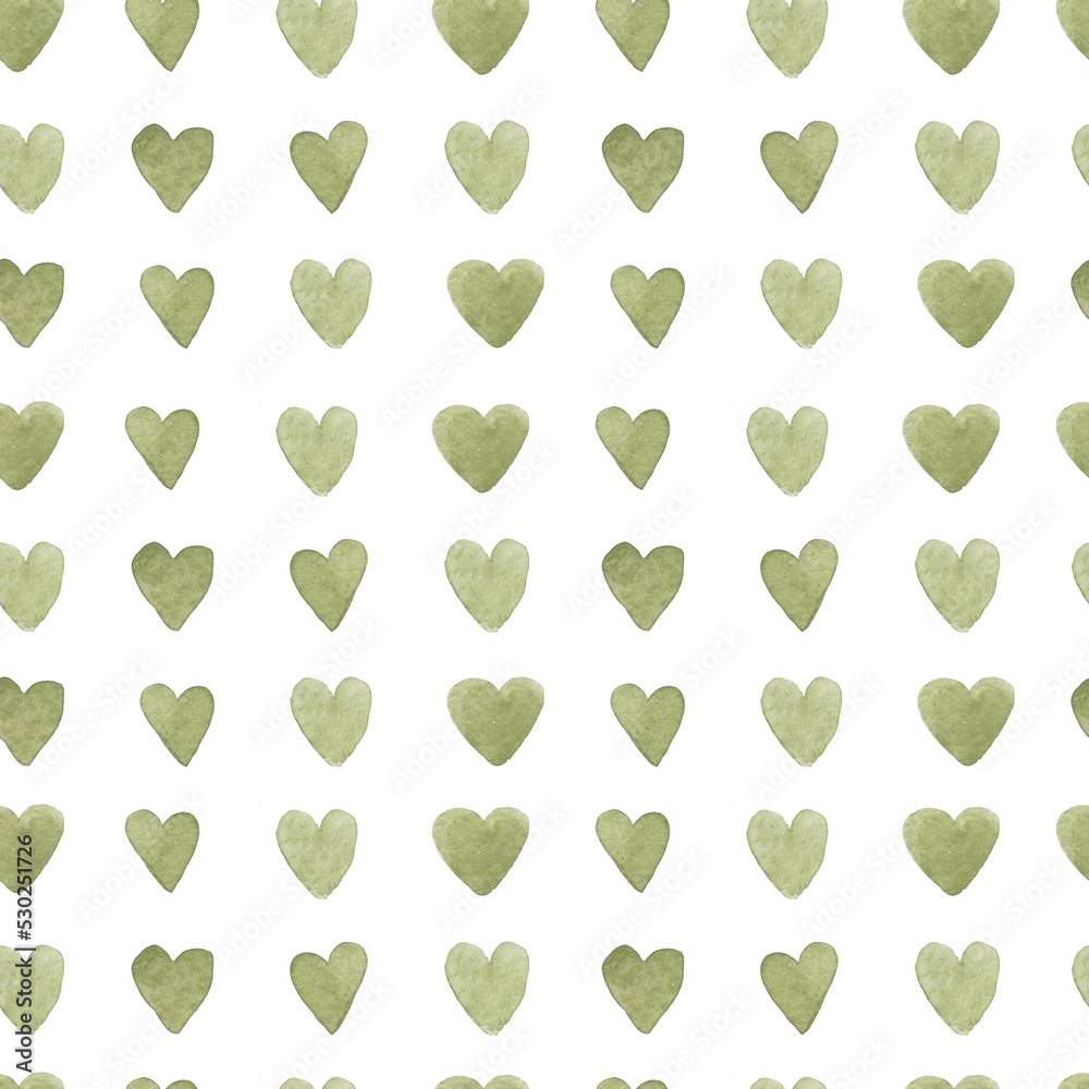 watercolor seamless pattern, print cute green hearts on a white background. digital paper, scrapbook