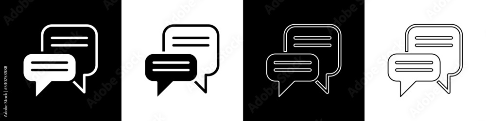 Set Speech bubble chat icon isolated on black and white background. Message icon. Communication or c