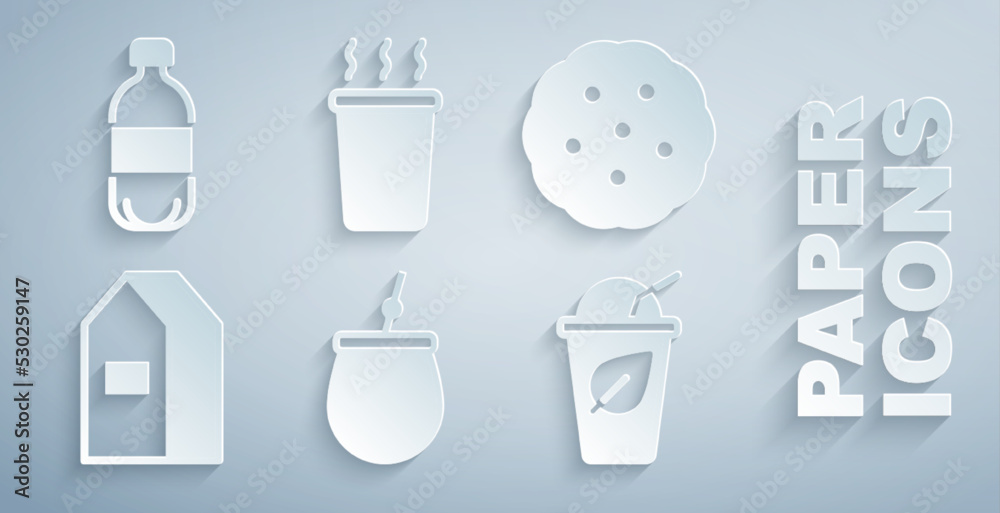 Set Mate tea, Cookie or biscuit, Paper package for milk, Cup of with leaf, and Bottle water icon. Ve