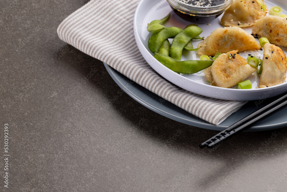 Close up of asian dumplings, soy sauce and chopsticks on grey background