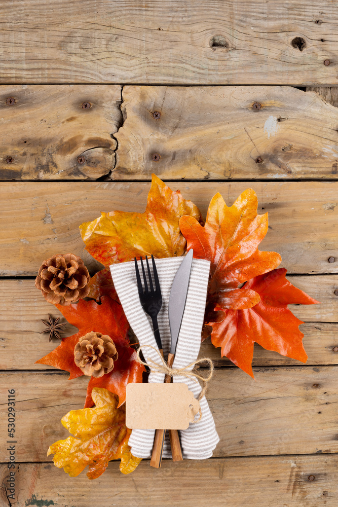 Overhead view of cutlery in napkin with autumn decoration and copy space on wooden background