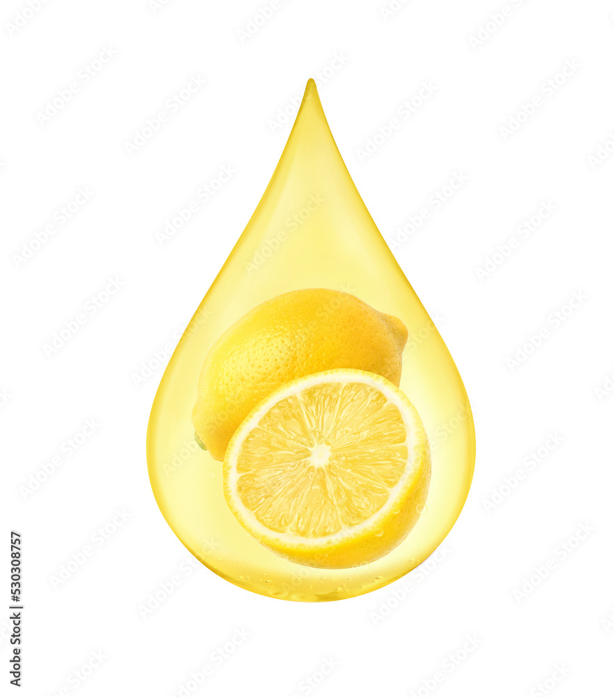 Drop of lemon essential extract oil with fruits inside isolated on white background. Clipping path.