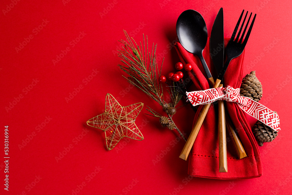 Image of christmas place setting with cutlery and copy space on red background