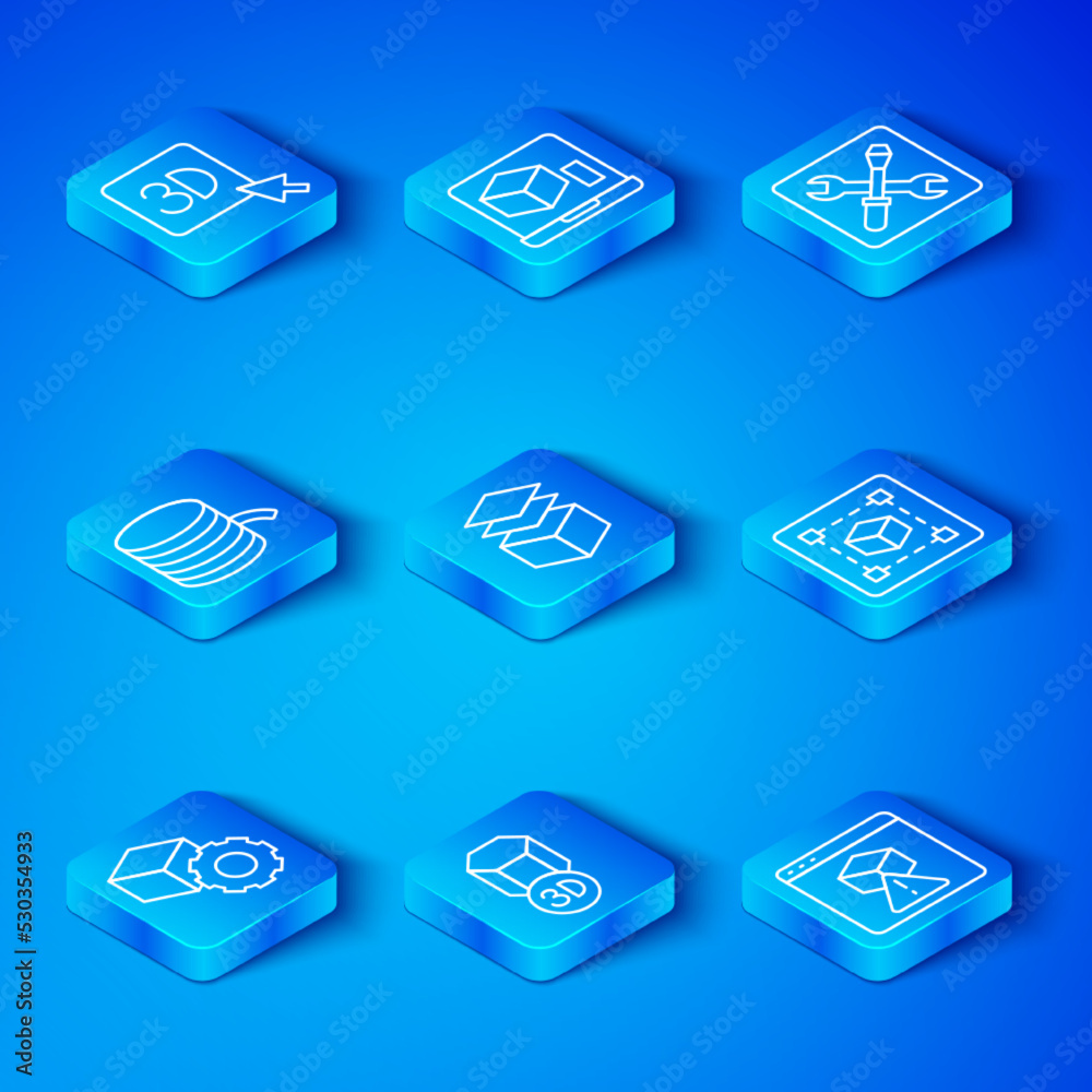 Set line Isometric cube, Layers, 3D printer, Geometric figure Cube, setting, Filament for, and icon.