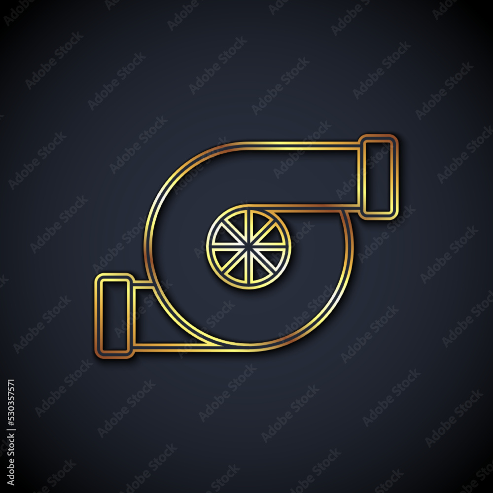 Gold line Automotive turbocharger icon isolated on black background. Vehicle performance turbo. Turb