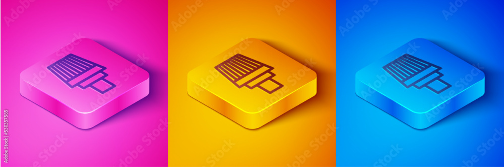 Isometric line Car air filter icon isolated on pink and orange, blue background. Automobile repair s