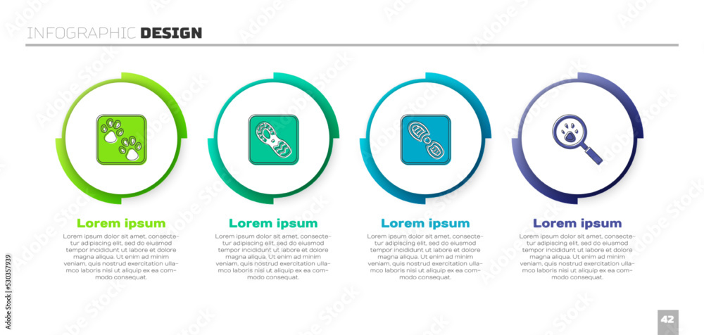 Set Paw print, Human footprints shoes, and search. Business infographic template. Vector