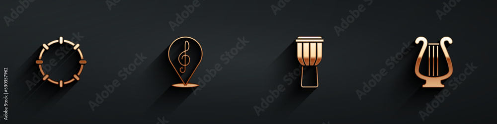 Set Tambourine, Treble clef, Drum and Ancient lyre icon with long shadow. Vector