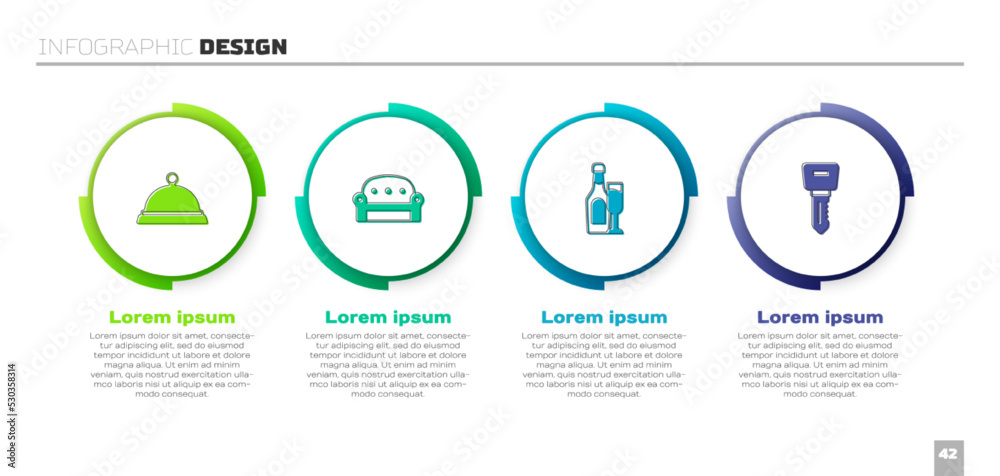 Set Covered with tray of food, Sofa, Champagne bottle glass and Hotel door lock key. Business infogr