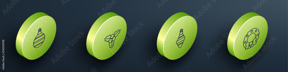 Set Isometric line Christmas ball, Branch viburnum, and wreath icon. Vector