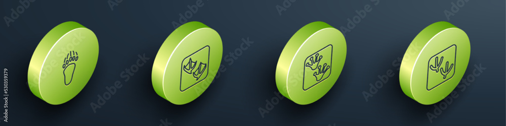 Set Isometric line Bear paw footprint, Seagull, Frog and Dove icon. Vector