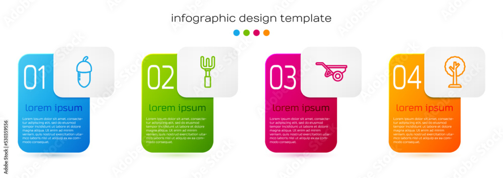 设置线橡子，花园耙子，带泥土和森林的手推车。商业信息图模板。矢量