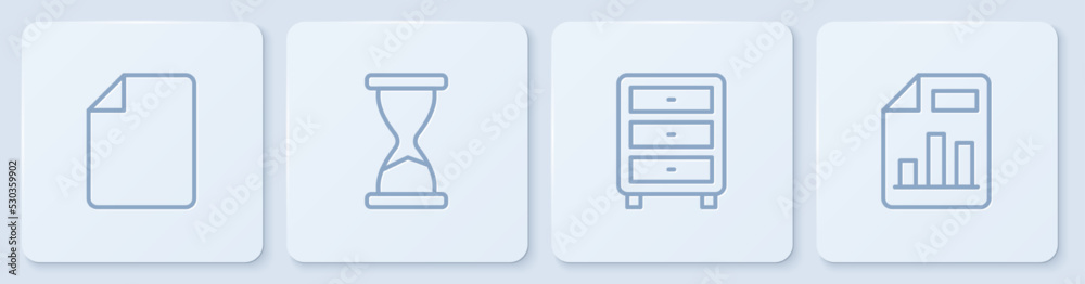 设置行文件文档、归档文件抽屉、旧沙漏和带图表的文档。白色平方