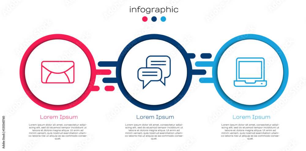 设置行邮件和电子邮件、语音气泡聊天和笔记本电脑。商业信息图模板。矢量