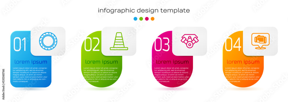 Set line Car tire wheel, Traffic cone, Power car engine and Check. Business infographic template. Ve