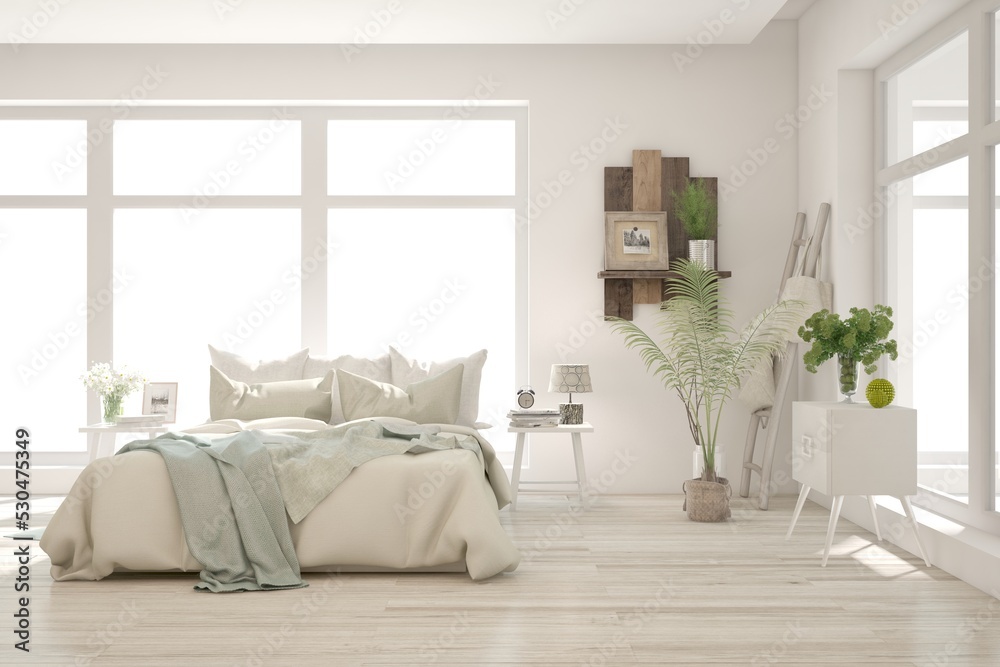 Soft color bedroom interior. Scandinavian design. 3D illustration