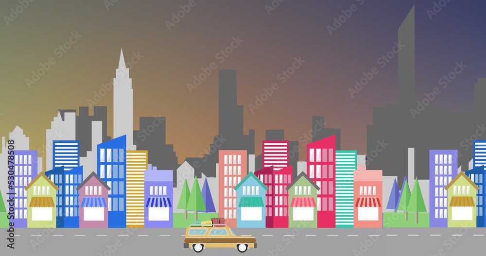 Image of car moving against cityscape in background