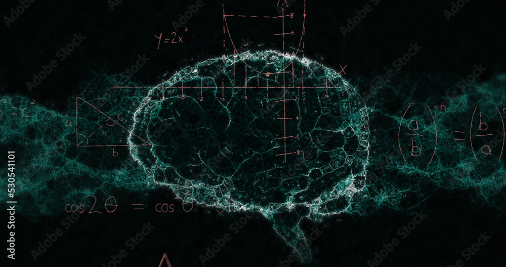 黑色背景下的数学公式、大脑和dna图像