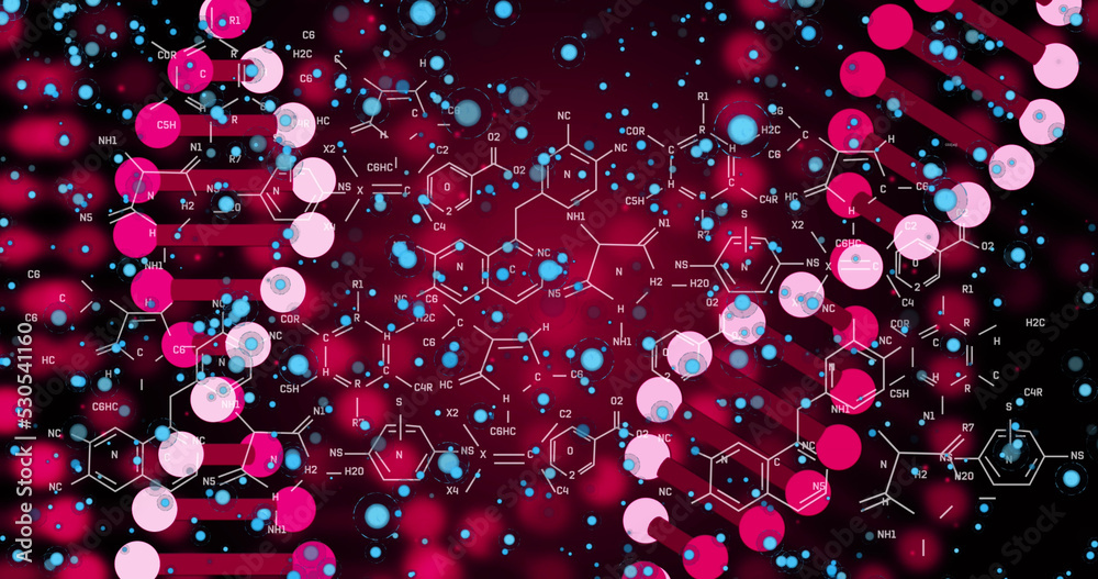 数字界面上粉红色3d dna与分子和蓝色粒子一起旋转的图像