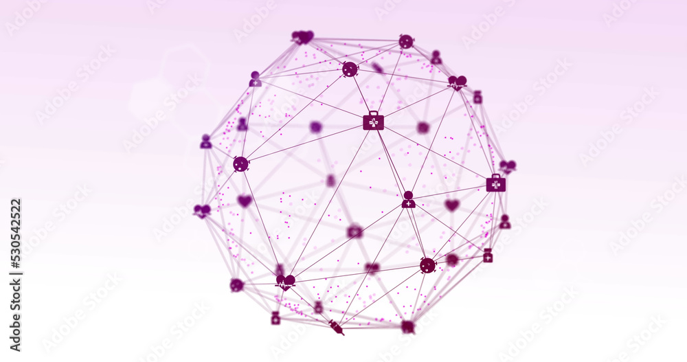 Image of turning globe of connected purple icons and data processing on white and pale purple