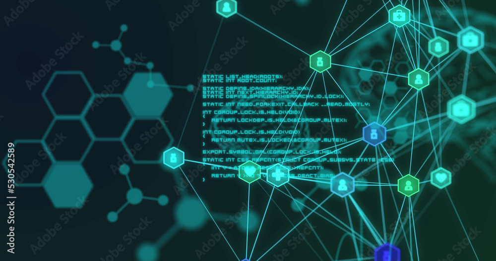 Image of brain and research data processing with network of connected icons, on black