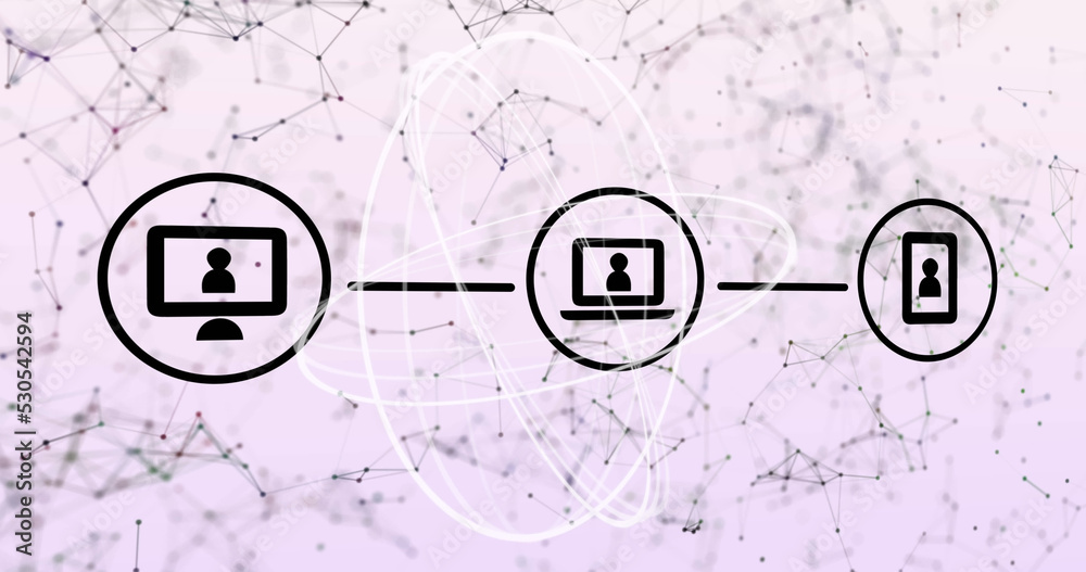 淡紫色上连接的带有旋转环和网络的数字通信媒体图标的图像