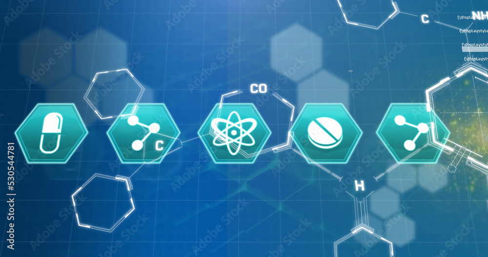 蓝色背景下的医学图标和化学配方图像以及数据处理
