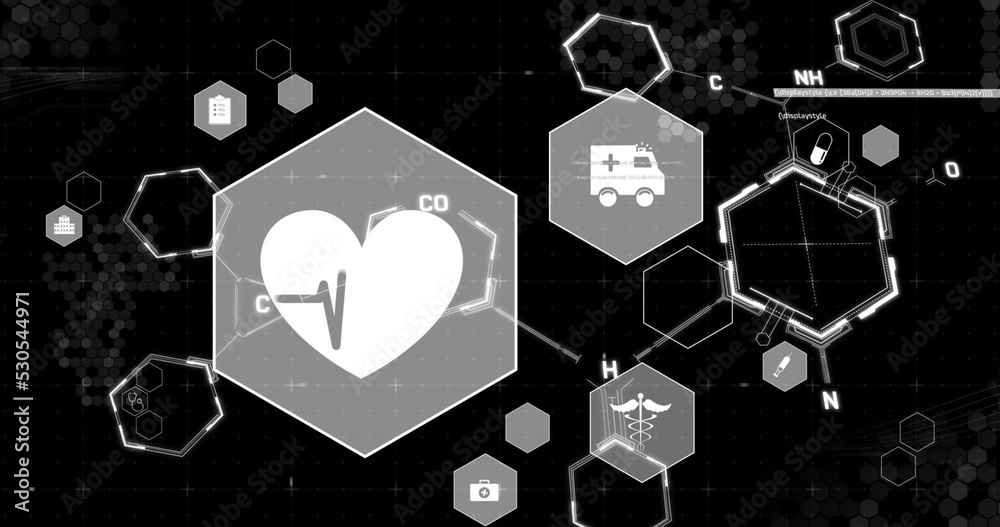 Image of medical icons and chemical formula with data processing over black background