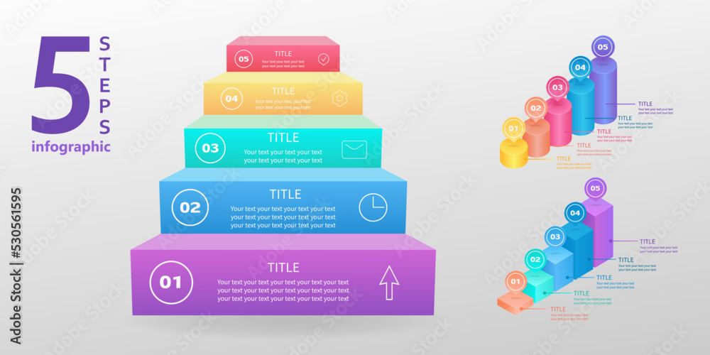 商业信息图集。5个步骤的各种阶梯。3D矢量图。