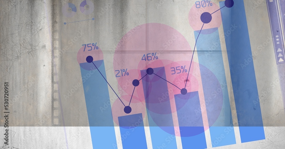 混凝土墙上蓝色条形图和折线图的组成，百分比用粉色圆圈表示