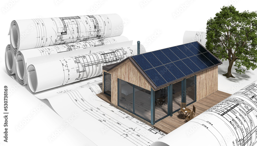 Planungsphase中太阳能模块的Ferienhauses包-3D可视化