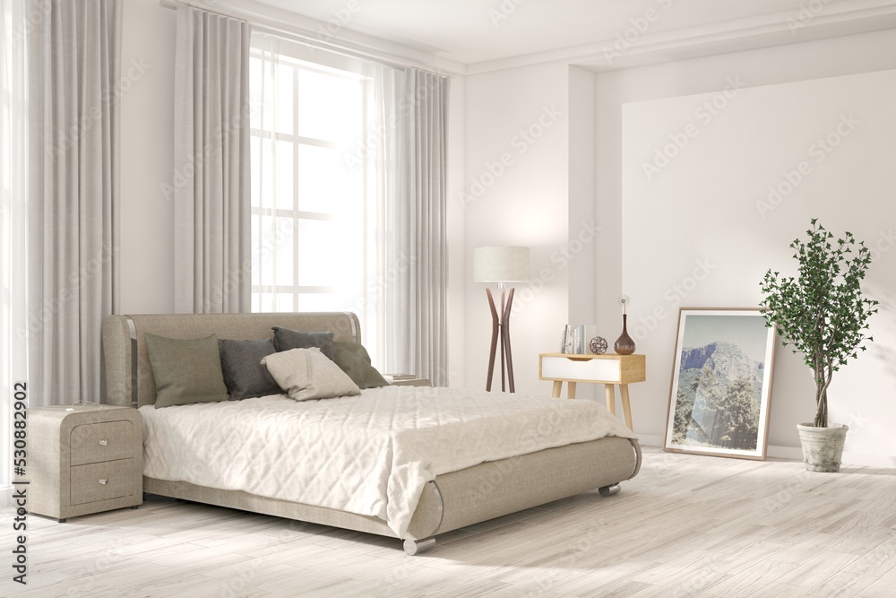 White bedroom interior. Scandinavian design. 3D illustration