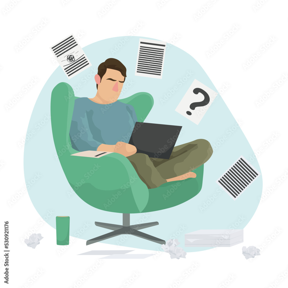 Writer with laptop sitting in armchair on white background