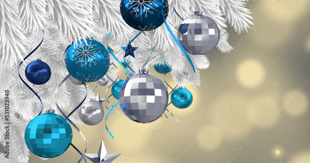 Image of baubles hanging on christmas tree on beige background with lights