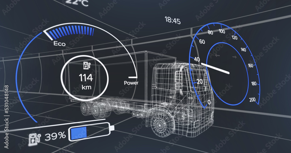 卡车上方带有充电电池图标和速度表的界面图像