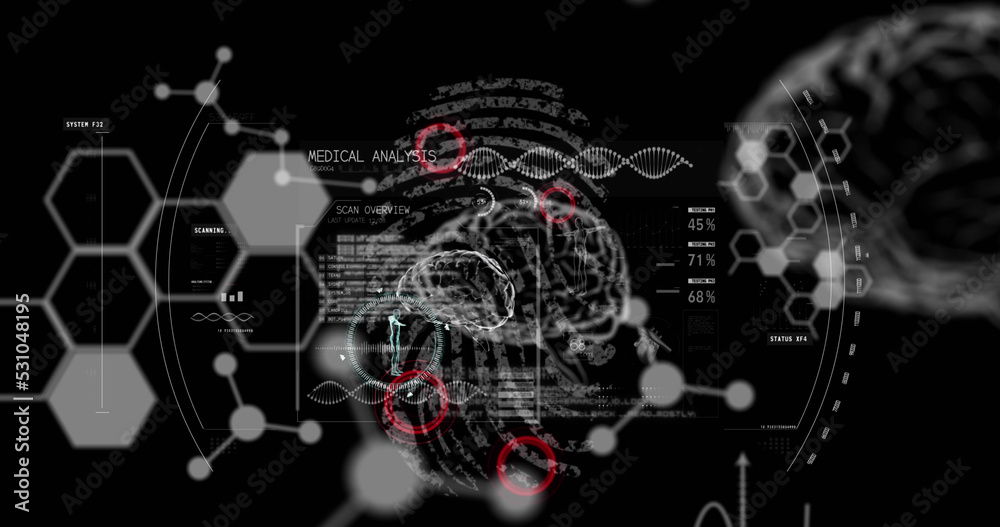 数据处理、人脑和dna链在生物特征指纹上旋转的图像