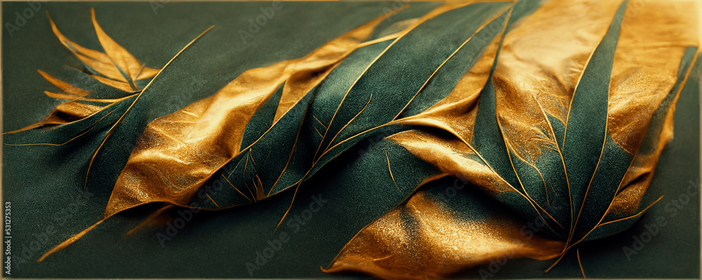 The spectacular transparent background of silky smooth green and gold fabric, inverted leaf pattern 