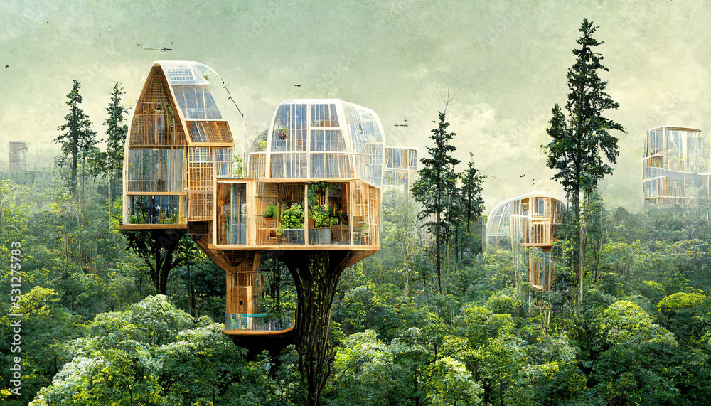 Spectacular image of a sustainable tree house surrounded by greenery in the woods for ESG concept. E