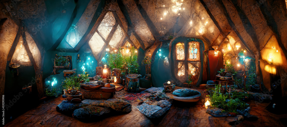 Spectacular picture of interior of a fantasy medieval cottage, full with plants furniture and enchan