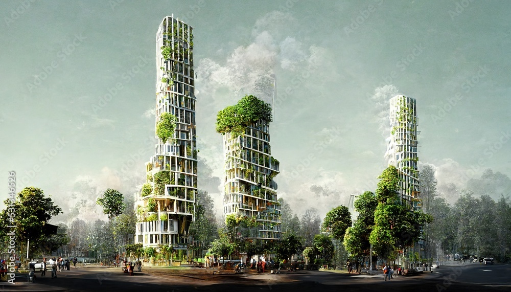 Spectacular eco futuristic cityscape abundant in vegetation features city buildings and green park, 