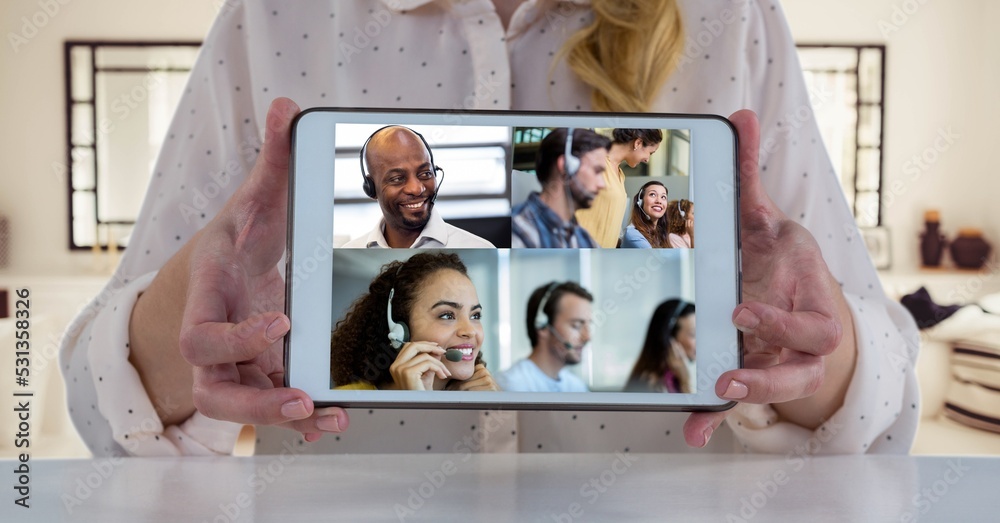 People working and having video call on laptop 