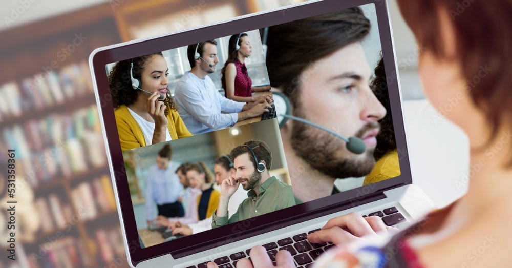 People working and having video call on laptop 