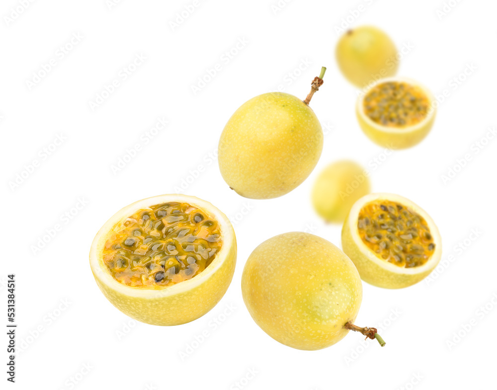 Yellow passion fruit (Passiflora edulis) levitate isolated on white background..