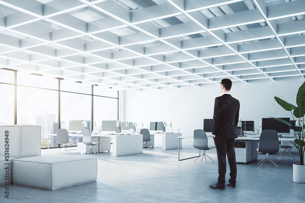 Businessman standing in modern concrete coworking office interior with furniture, equipment and wind