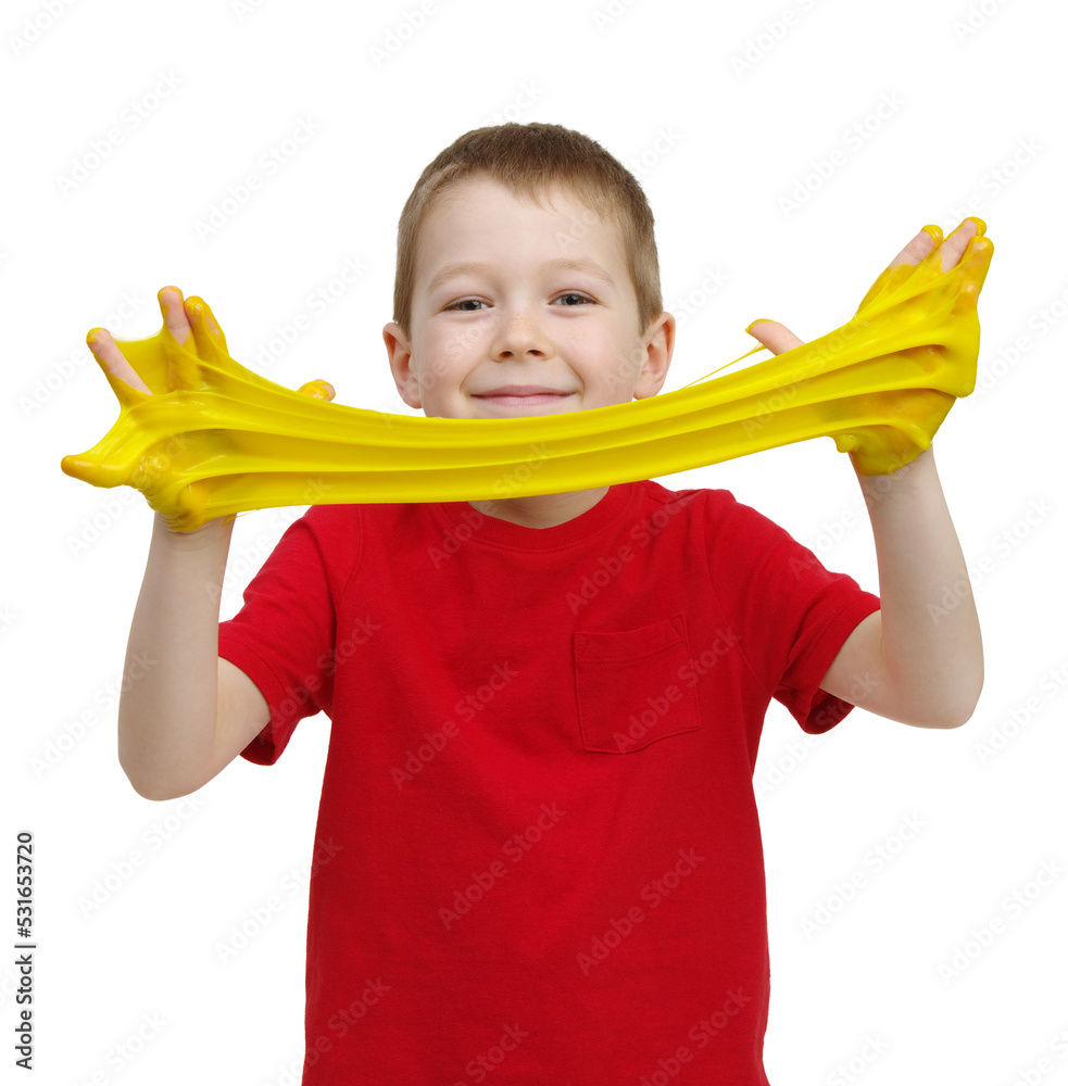 Litlle boy play with slime.