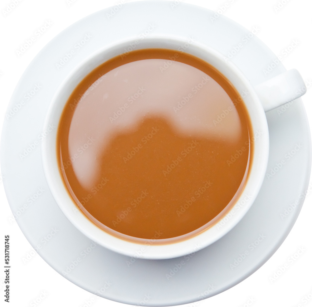 Image of an overhead view of a cup of coffee on saucer