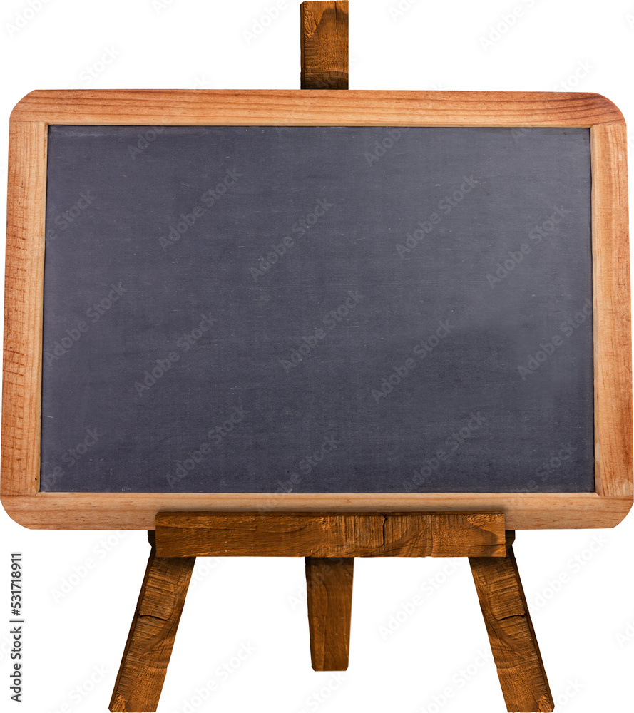 Image of chalkboard with wooden frame standing on wooden easel