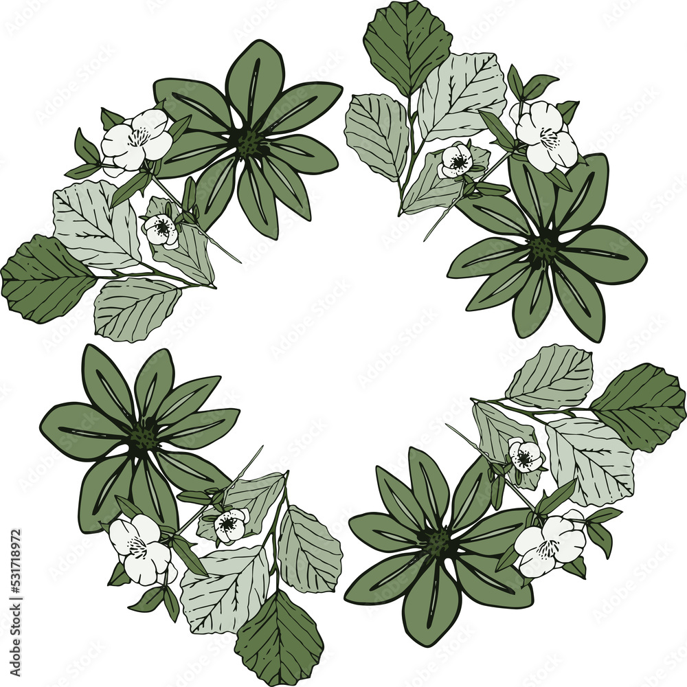 Image of drawing of ring of green flowers and foliage